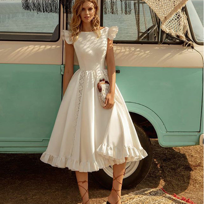 Crew-Neck Ruffle Short-Sleeve A-Line Midi Dress