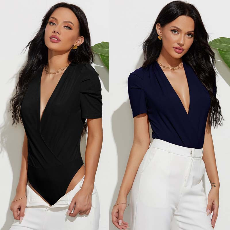 Deep V Neck Ruched Sleeve Bodysuit