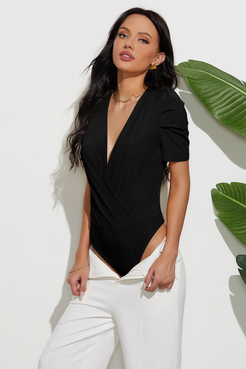 Deep V Neck Ruched Sleeve Bodysuit