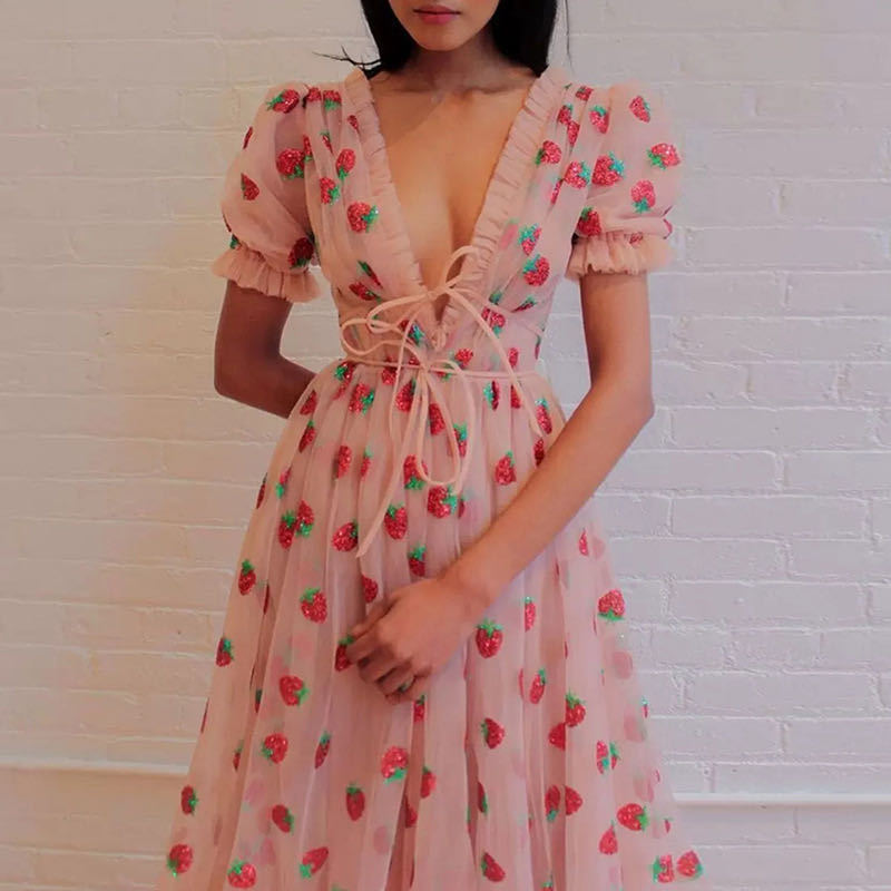 Strawberry-Print Sequin Mesh Dress