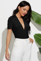 Deep V Neck Ruched Sleeve Bodysuit