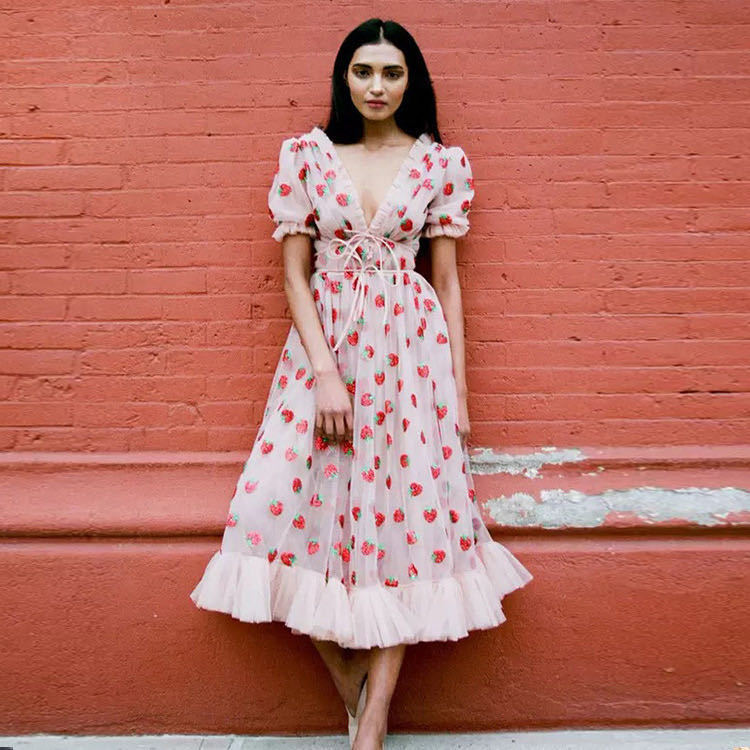 Strawberry-Print Sequin Mesh Dress