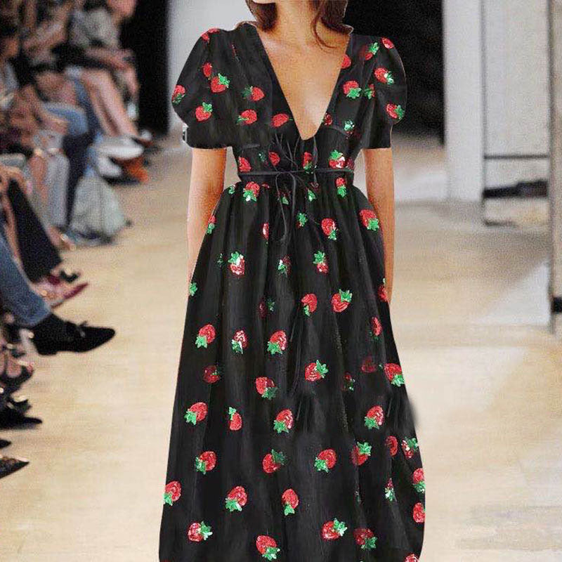 Strawberry-Print Sequin Mesh Dress