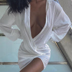 Long Sleeve White Shirt Sexy Deep V Plunge Plunge Women Clothing Popular Linen Dress