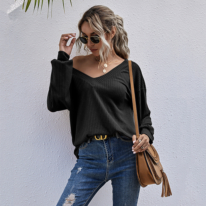 Women's Solid Color V Neck Sweater Women Autumn Plus Size Long Sleeved Knitted Bottoming Shirt