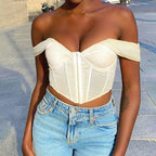 Women's Off-Shoulder Mesh Bandeau Top – Ruched Crop