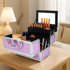Pink aluminum makeup train case with mirror