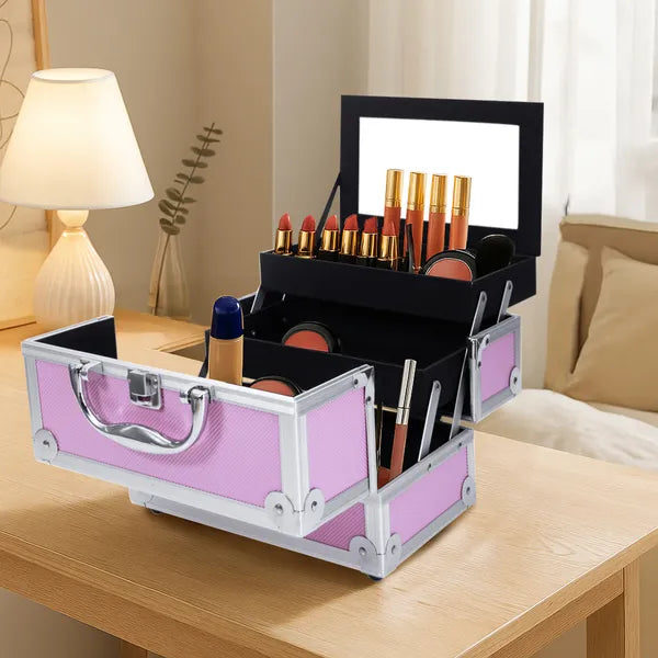 Pink aluminum makeup train case with mirror