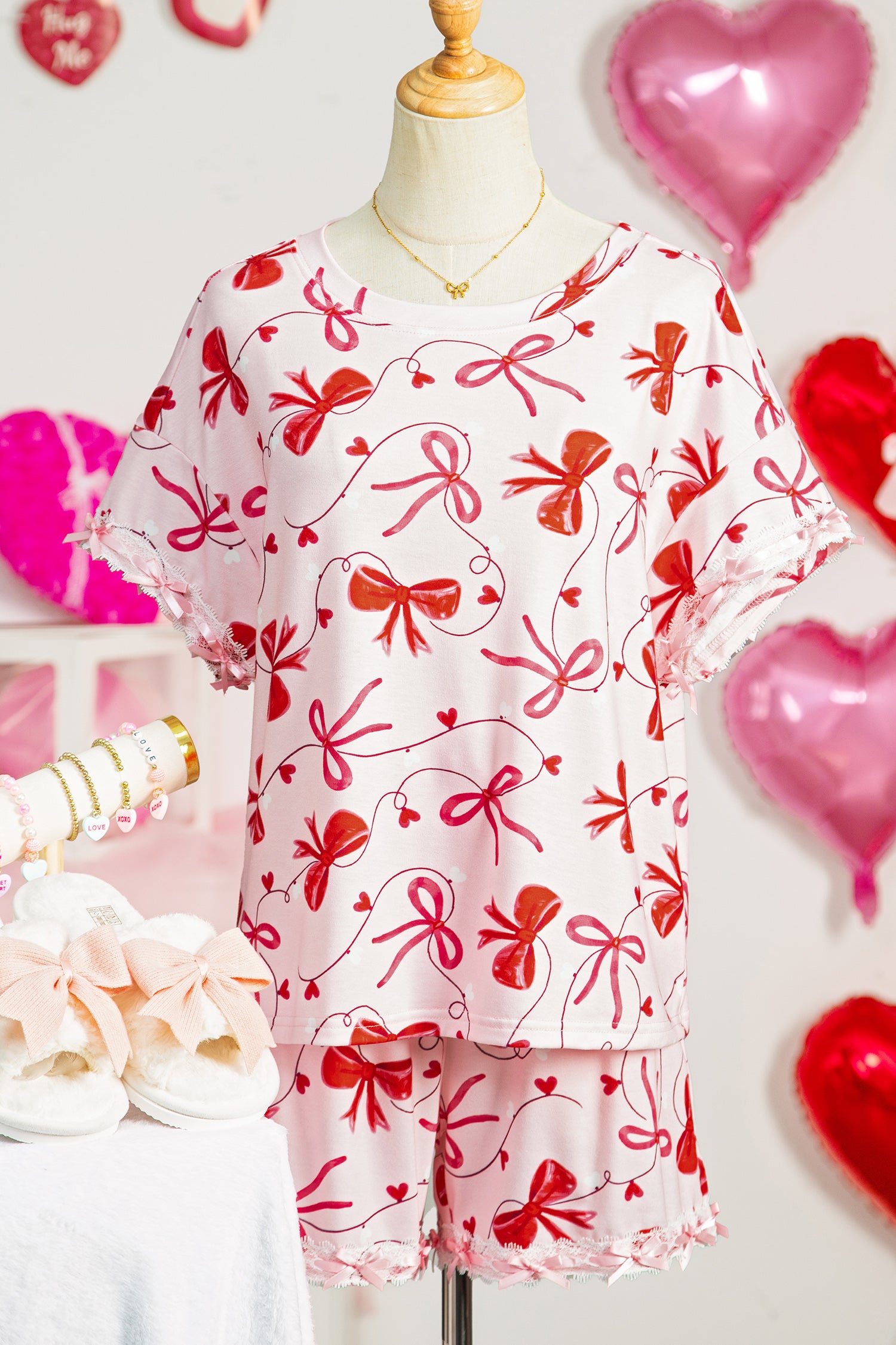 Red Romantic Bow Print Lounge Set