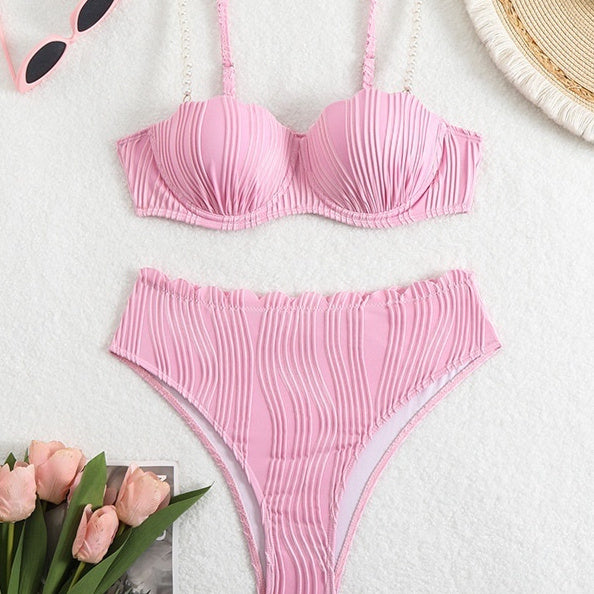 Women's pink pinstripe underwire bikini set
