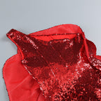 Red sequined mesh bodice with rose applique detail on a mini dress