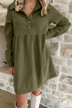 Black Corduroy Collared Button-Front Mini Dress