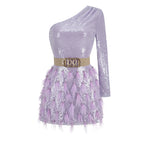 Light purple sequin long-sleeve mini dress with gold buckle belt and feather tulle skirt