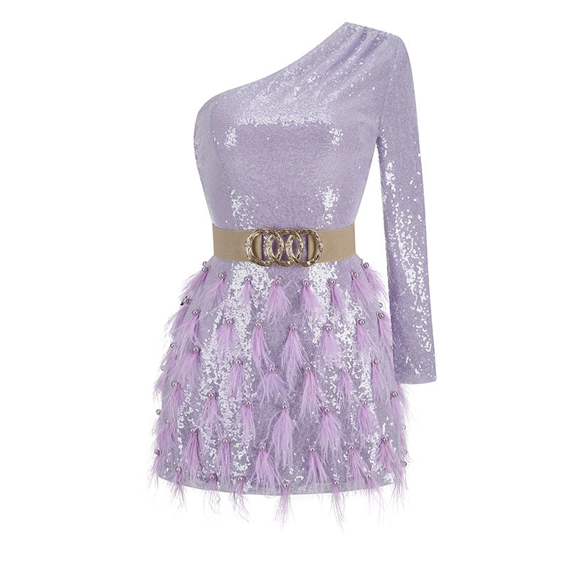 Light purple sequin long-sleeve mini dress with gold buckle belt and feather tulle skirt