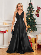 Women’s backless sequin dress, black V-neck sleeveless gown with sequin sparkle