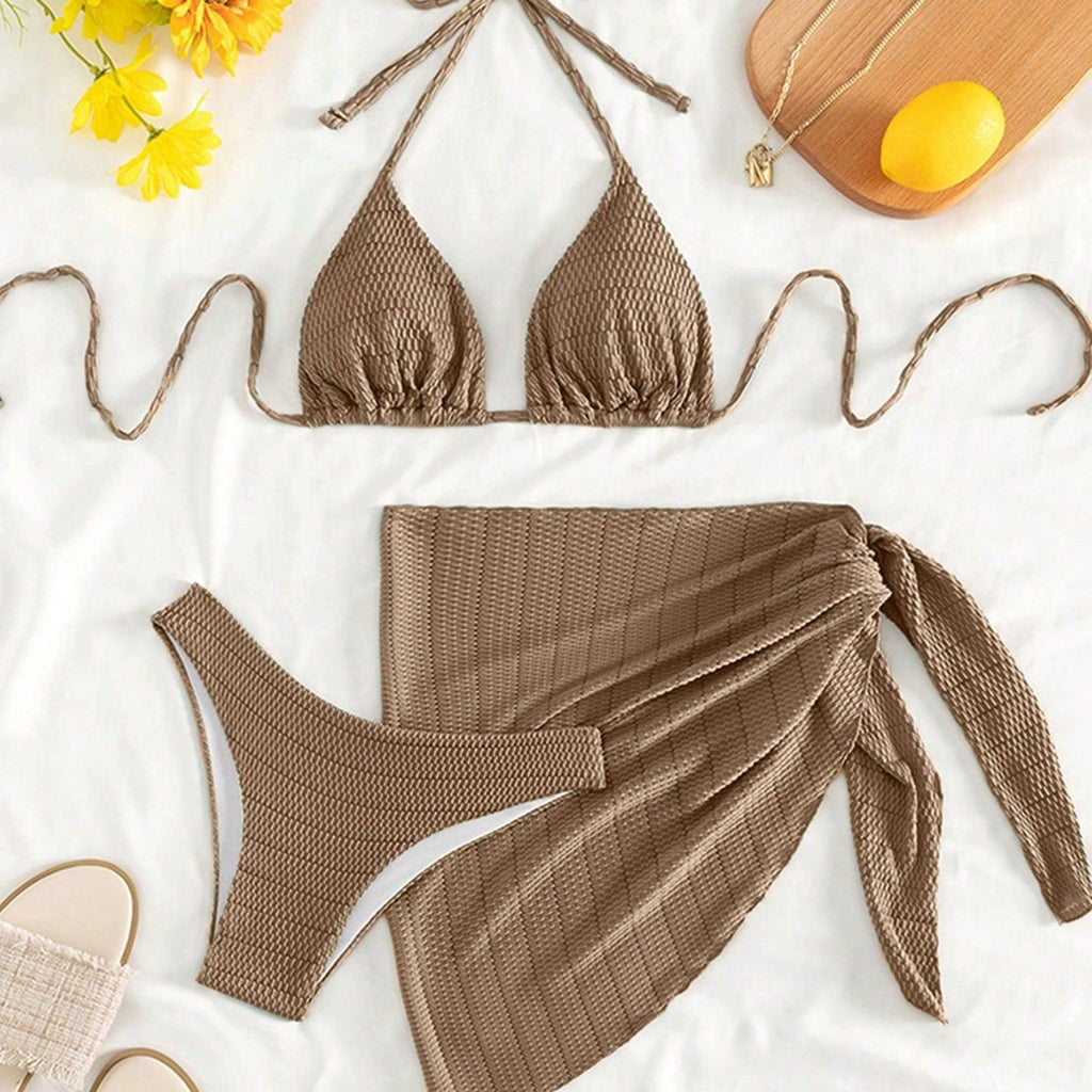 Women's taupe ribbed bikini set with sarong
