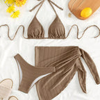 Women's taupe ribbed bikini set with sarong