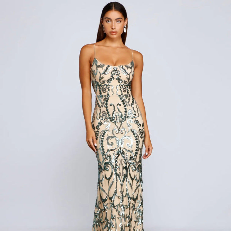 Women’s sequin dress, spaghetti straps, square neckline, green-and-cream ornate pattern