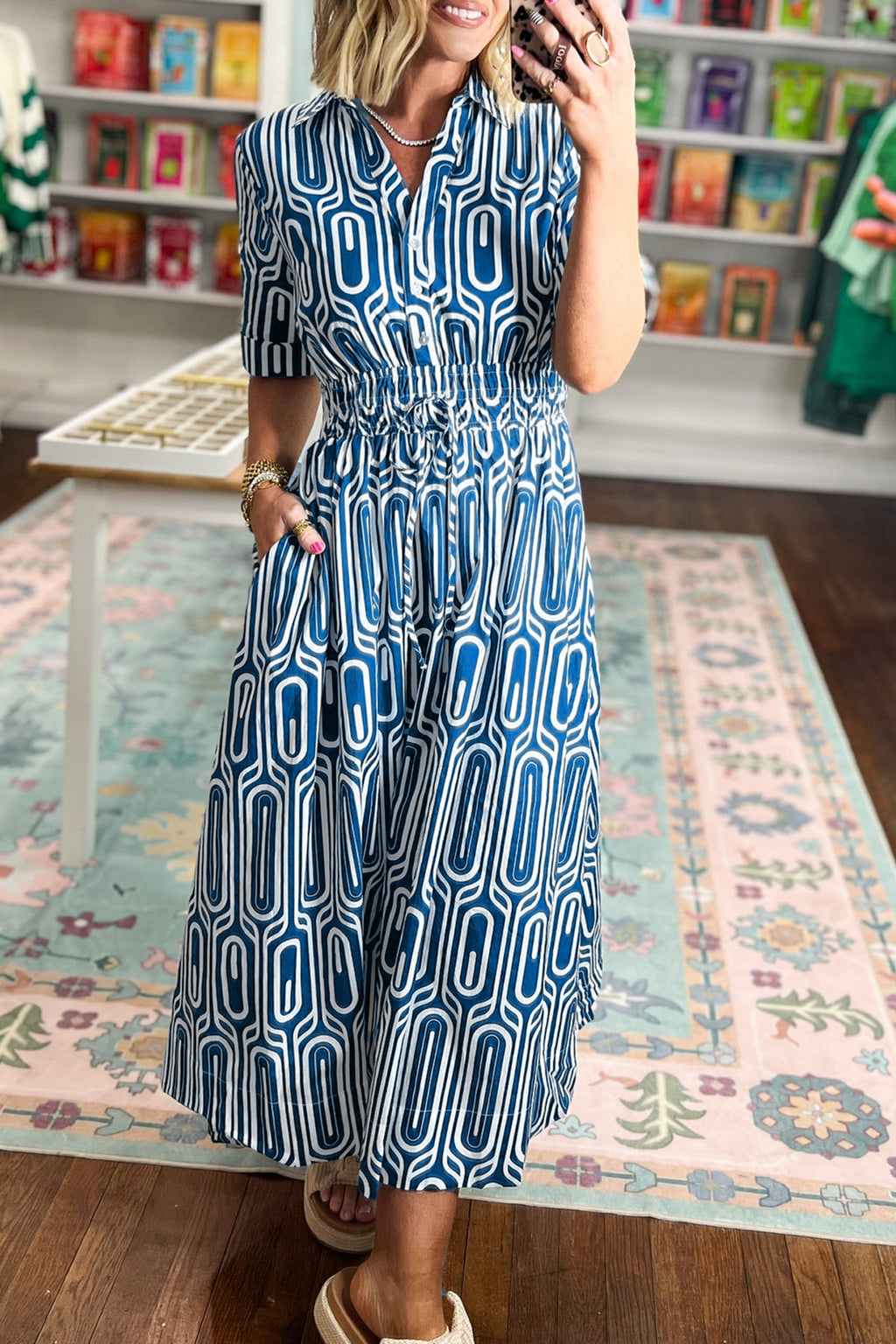 Blue Geometric Print Shirt-Collar Dress