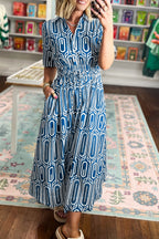 Blue Geometric Print Shirt-Collar Dress