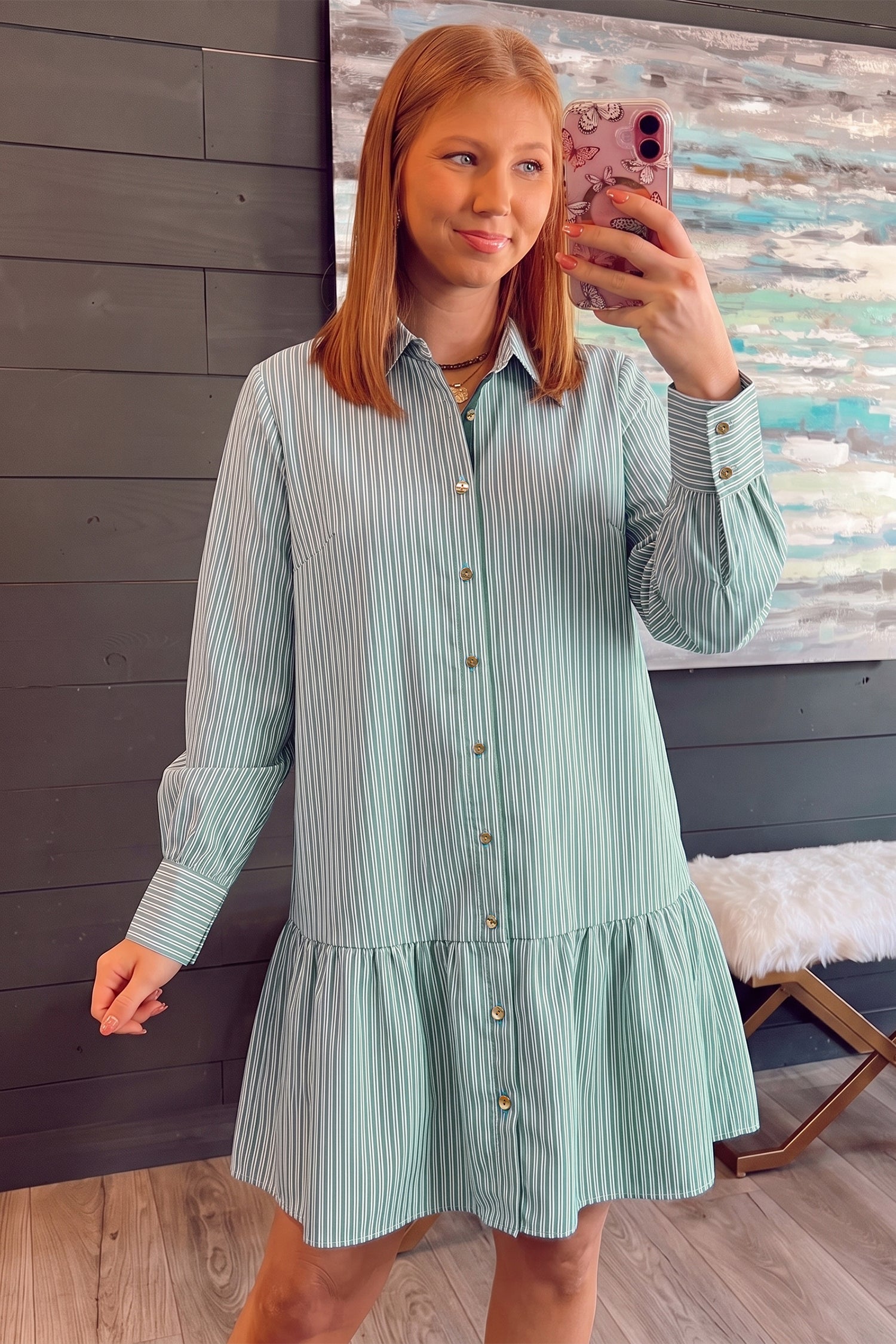 Green Stripe Long-Sleeve Shift Dress