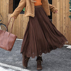 Hollow-lace solid midi skirt