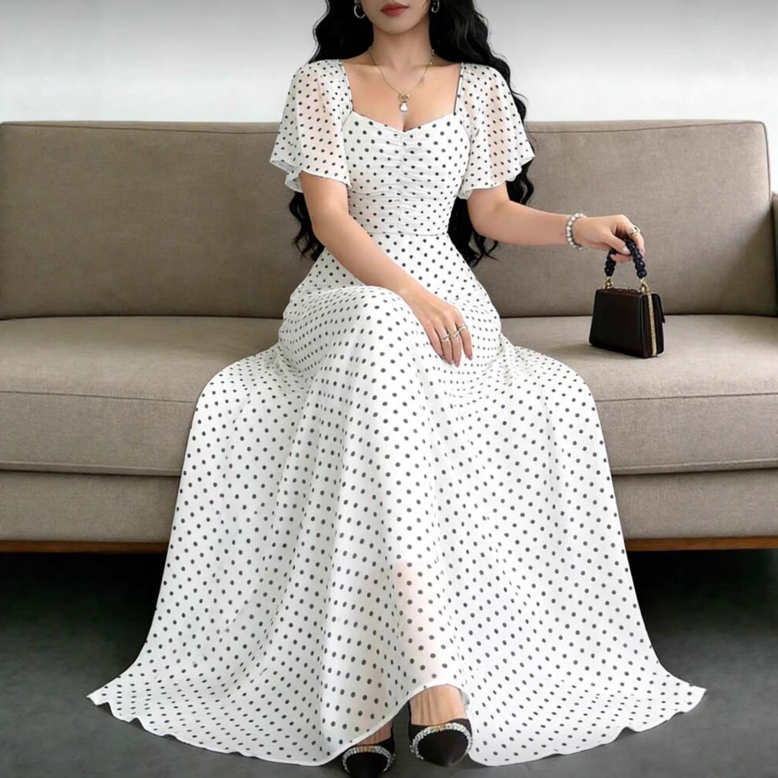 Women's white polka dot short-sleeve maxi dress