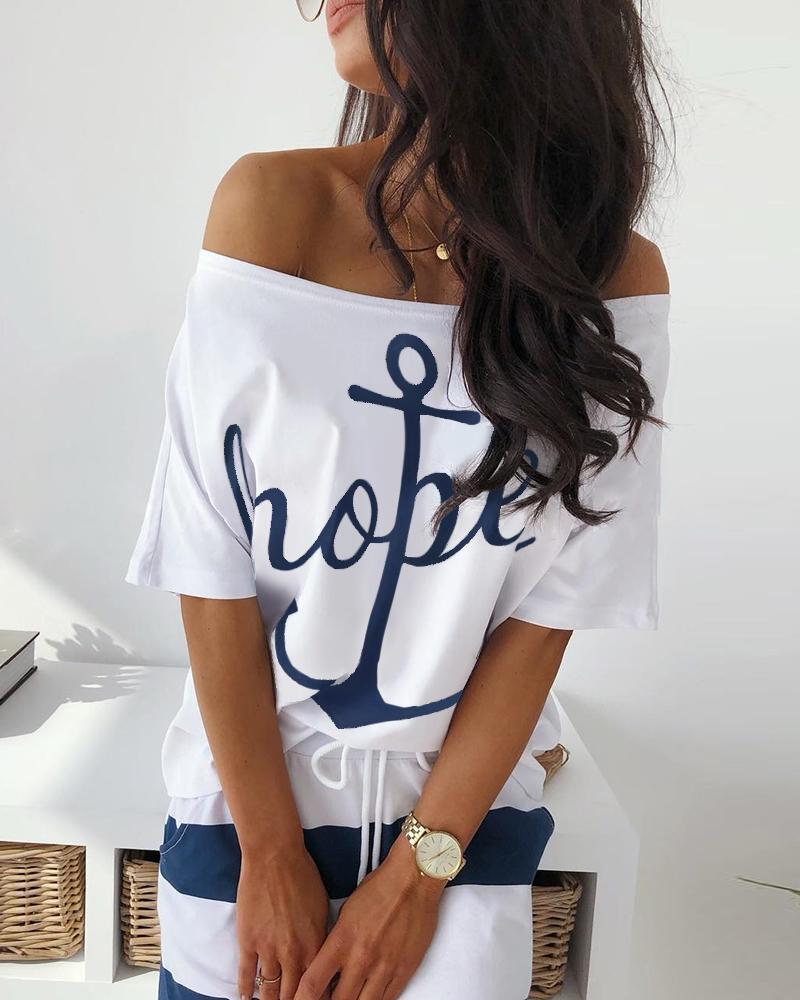 Women's Autumn Boat Anchor Pattern Printed T Shirt Striped Skirt Set