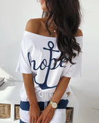 Women's Autumn Boat Anchor Pattern Printed T Shirt Striped Skirt Set
