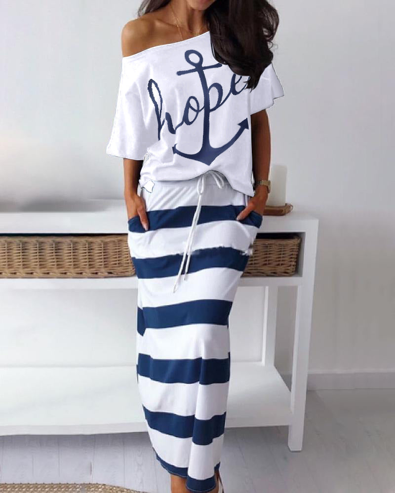 Women's Autumn Boat Anchor Pattern Printed T Shirt Striped Skirt Set