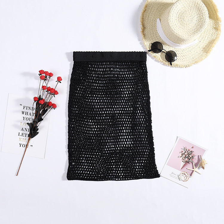 Black crochet mesh swim skirt with elastic waistband