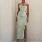 Women's Satin Tube Top Split Knee Length Dress Evening Dress