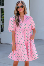 Pink Polka-Dot V-Neck Tiered Mini Dress