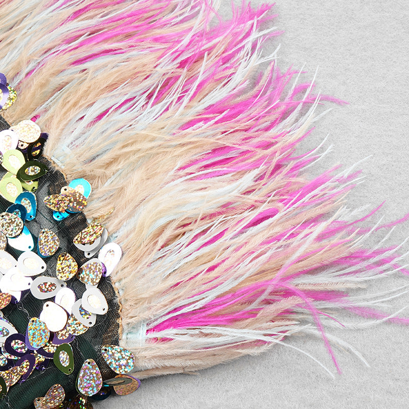 Close-up of pink-and-white feather trim on multicolor sequin bodice
