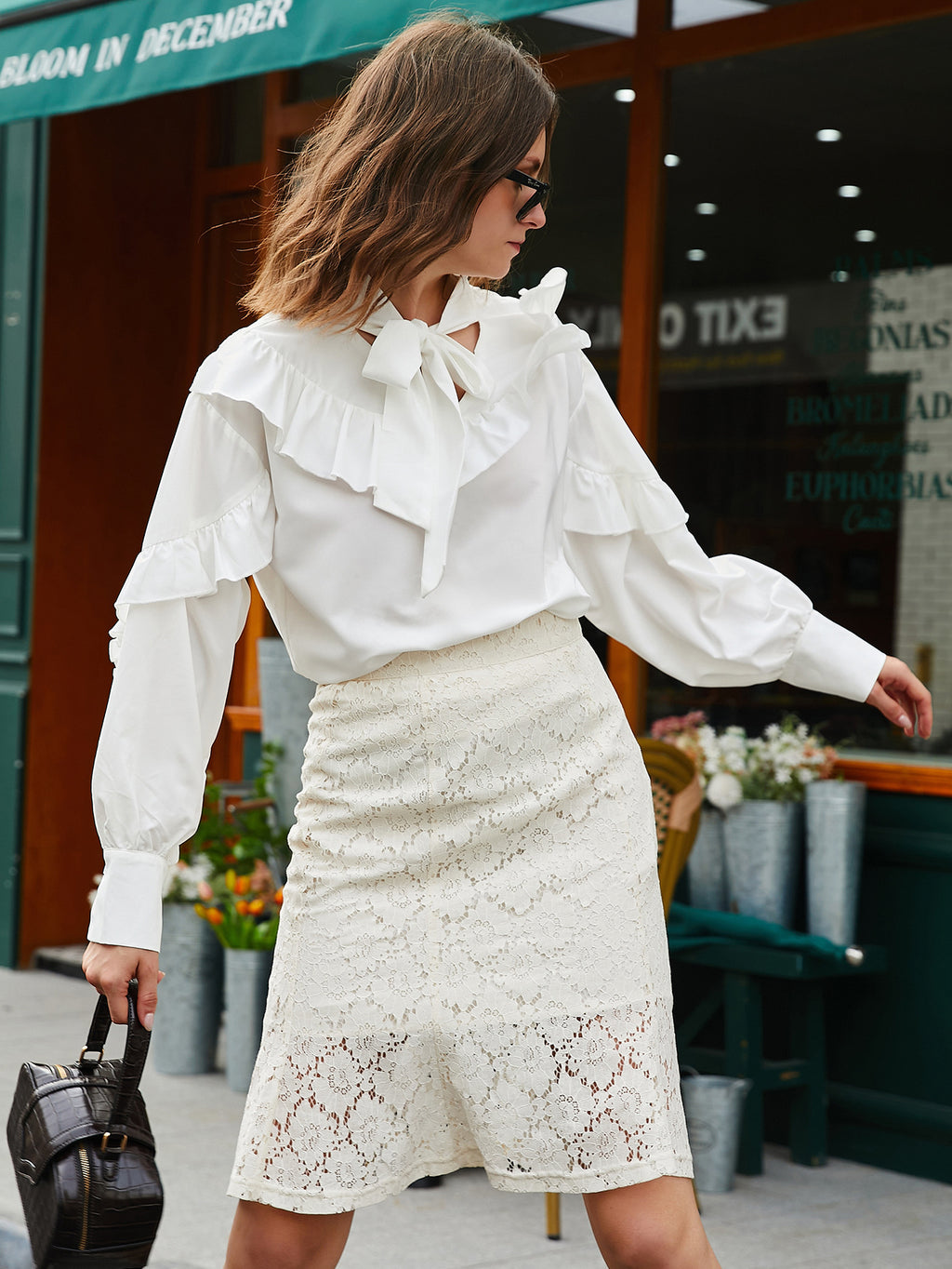 Women's Spring Autumn Women Tie Neckline Ruffled Trim Blouse