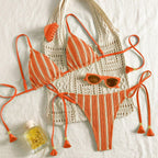 Women's orange stripe crochet triangle bikini set