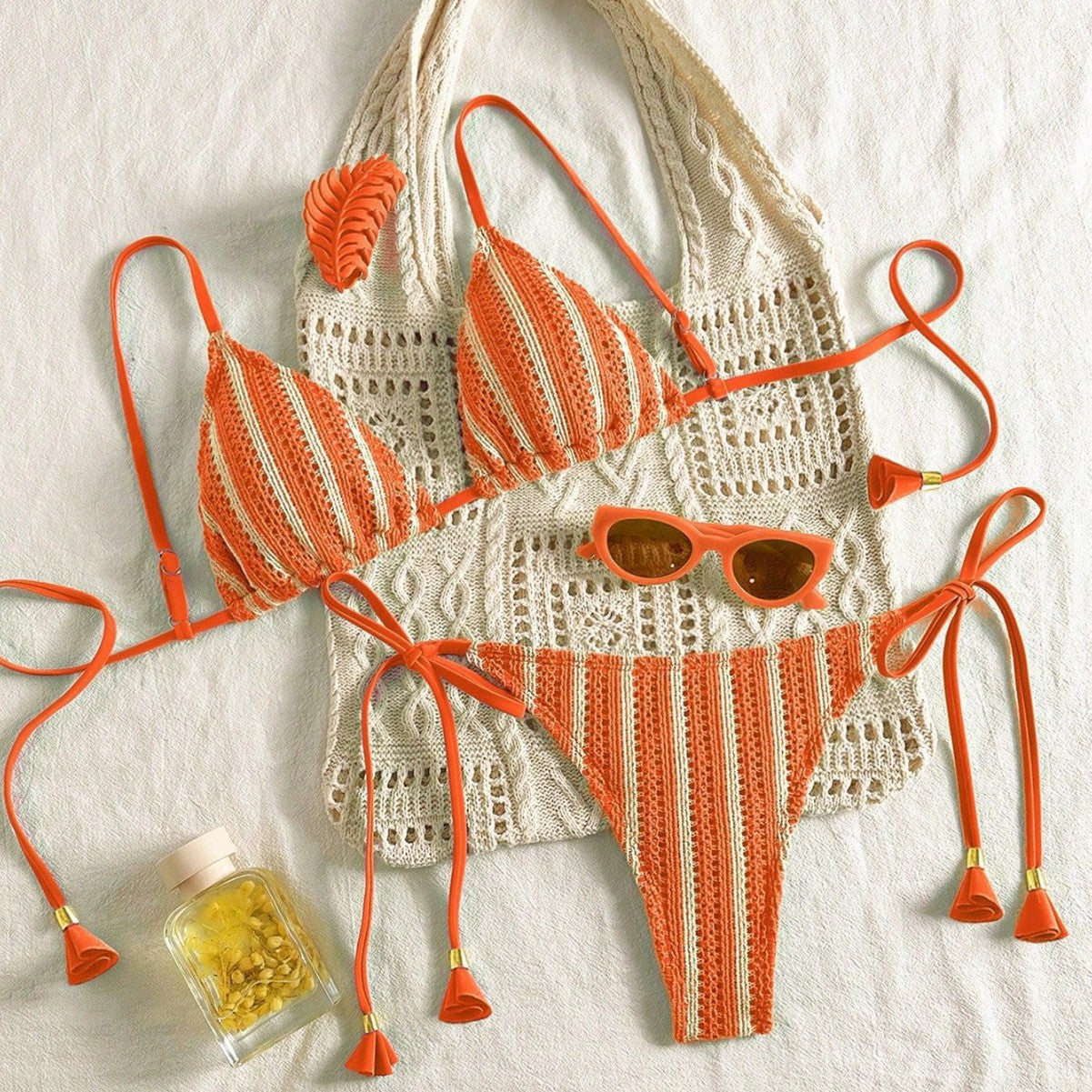 Women's orange stripe crochet triangle bikini set