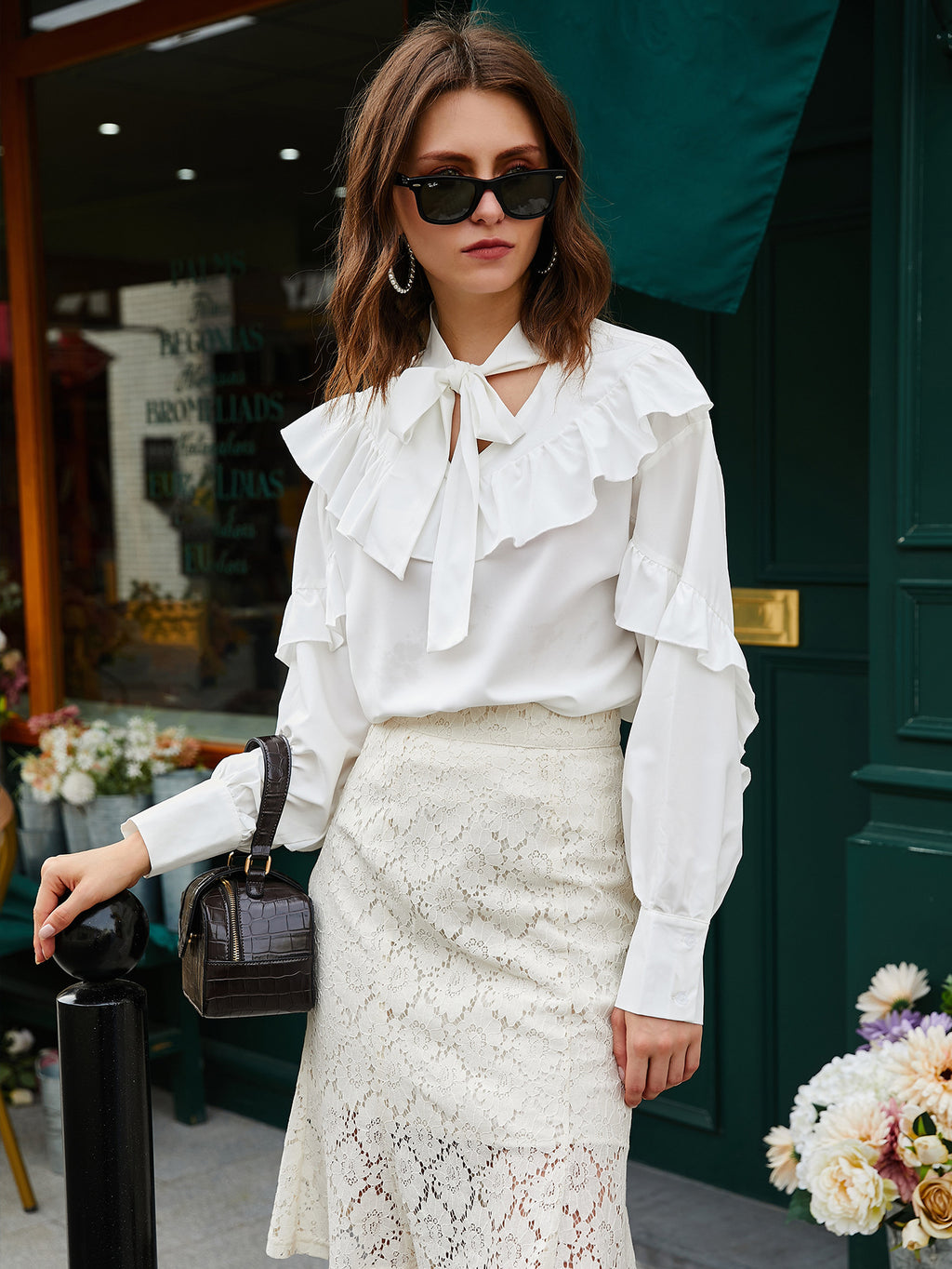 Women's Spring Autumn Women Tie Neckline Ruffled Trim Blouse