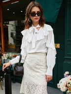 Women's Spring Autumn Women Tie Neckline Ruffled Trim Blouse