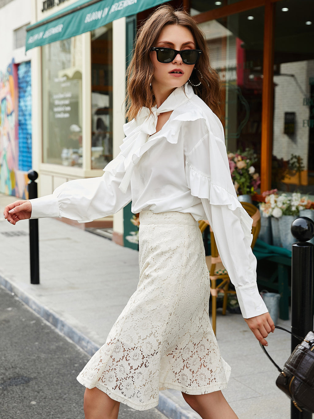 Women's Spring Autumn Women Tie Neckline Ruffled Trim Blouse