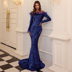 Women's Sequined Evening Off Shoulder Feather Long Sleeve Party Dress