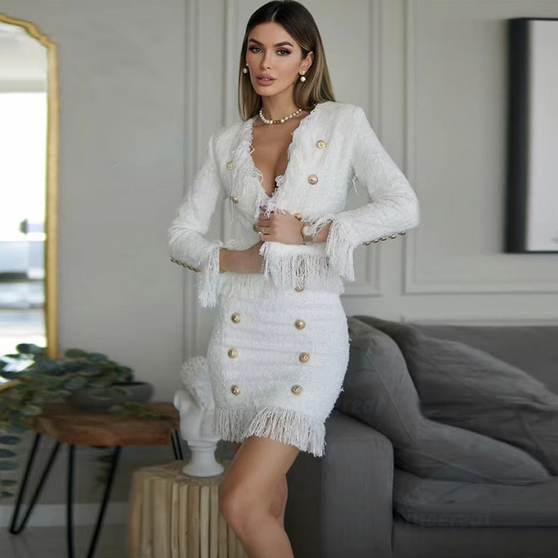 Women's white tweed jacket and fringed mini skirt set