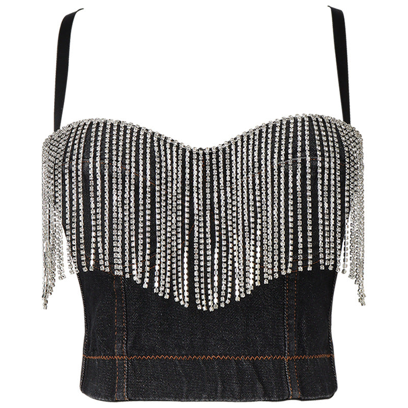 Women's Denim Tube Top Niche Tassel Rhinestone Camisole Outer Wear With Chest Pad Trendy Women Disco Top