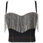 Women's Denim Tube Top Niche Tassel Rhinestone Camisole Outer Wear With Chest Pad Trendy Women Disco Top