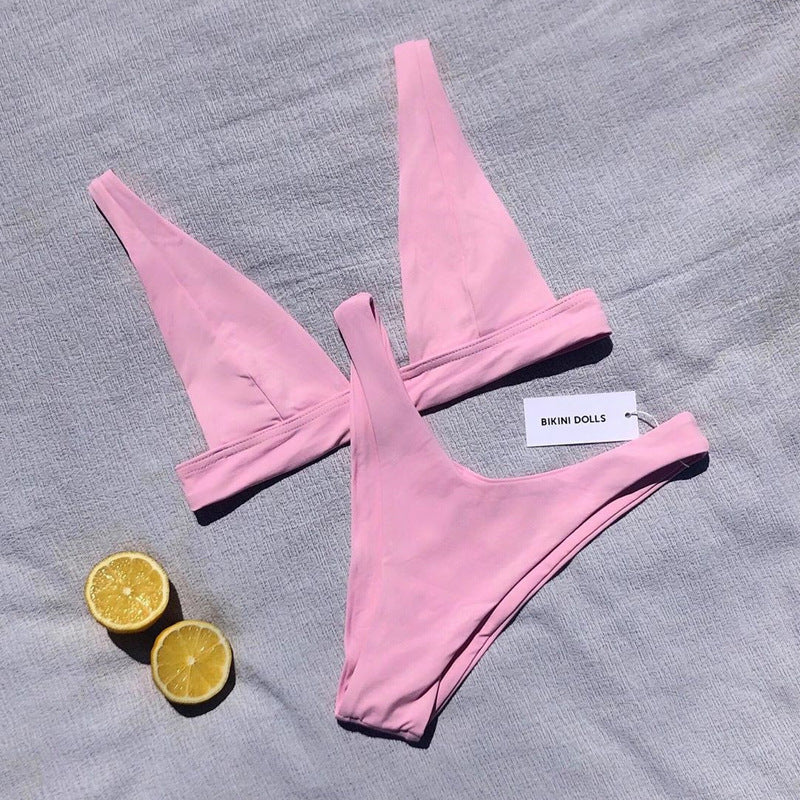 Pink two-piece push-up bikini set with V-neck triangle bra and high-cut bottoms
