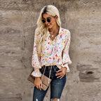 Women's Floral V-Neck Cardigan Shirt – Loose Long-Sleeve Top