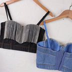 Women's Denim Tube Top Niche Tassel Rhinestone Camisole Outer Wear With Chest Pad Trendy Women Disco Top