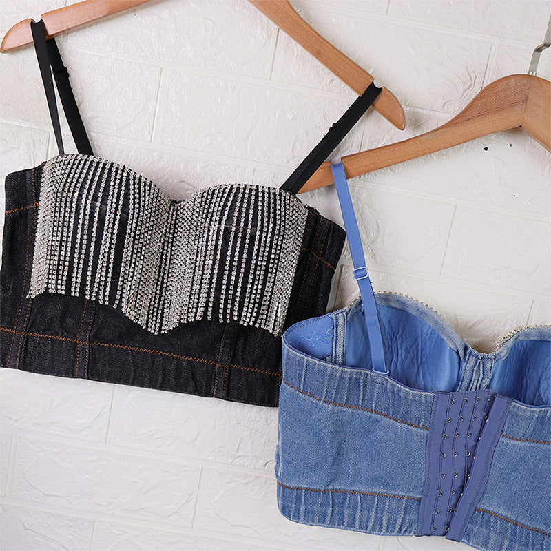 Women's Denim Tube Top Niche Tassel Rhinestone Camisole Outer Wear With Chest Pad Trendy Women Disco Top