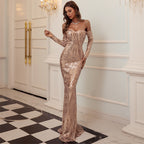 Women's Cocktail Evening Off-Shoulder Long Sleeve Retro Sequined Dress