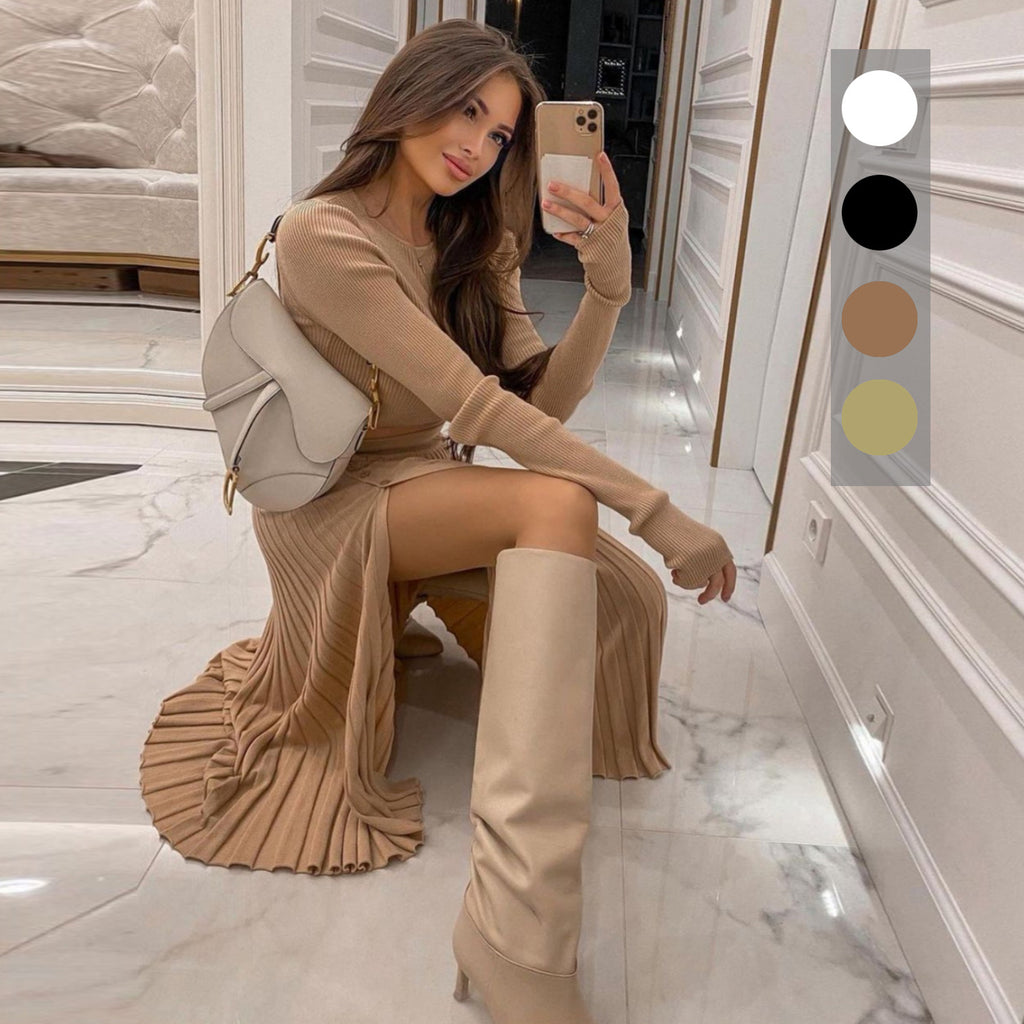 Women's Winter Woolen Slit Pleated Sweater and Skirt Two-Piece Set